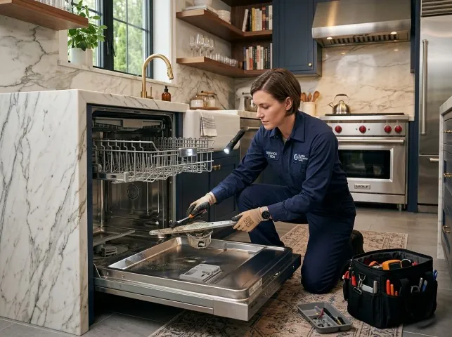 Appliance Repair Hero technician servicing a built-in dishwasher in a Aromas, CA kitchen