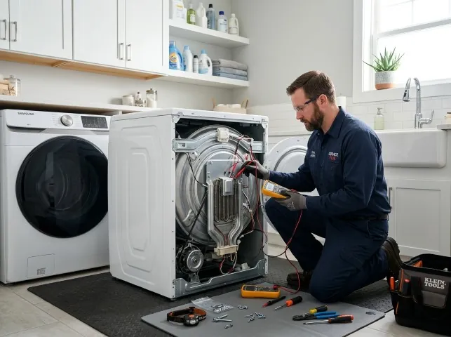 Appliance Repair Hero technician checking a dryer heating element with the rear panel off in Aromas, CA