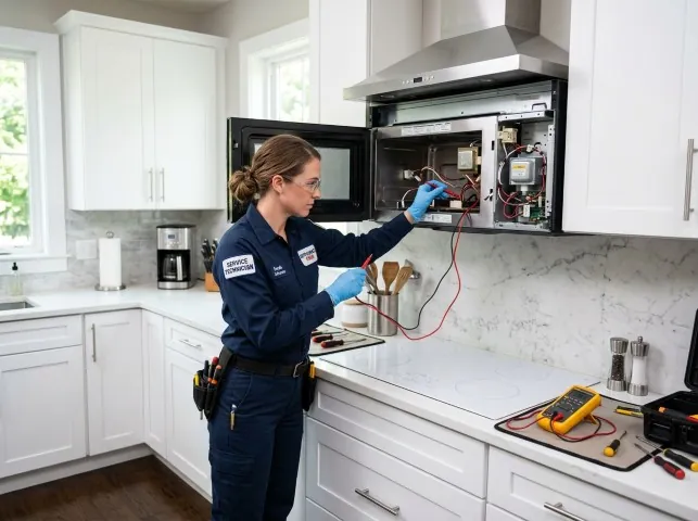 Appliance Repair Hero technician testing an over-the-range microwave in a Aromas, CA kitchen