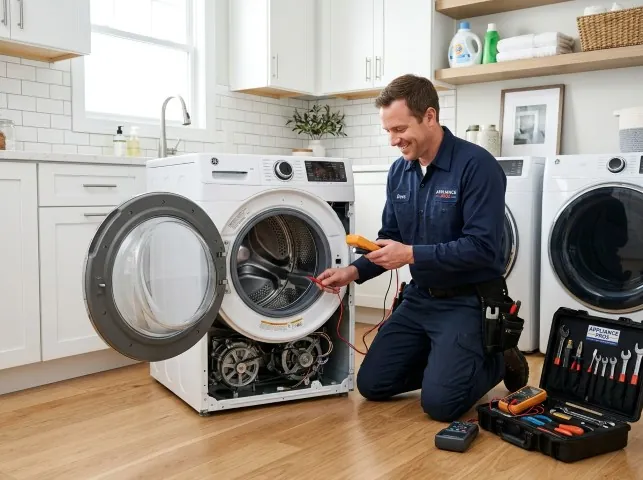 Appliance Repair Hero technician testing a front-load washer with a multimeter on a Aromas, CA service call